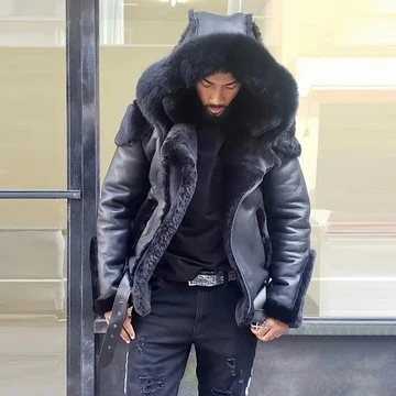 Sheepskin Leather Jacket for Men – Winter Fur Hooded Motorcycle Coat 0