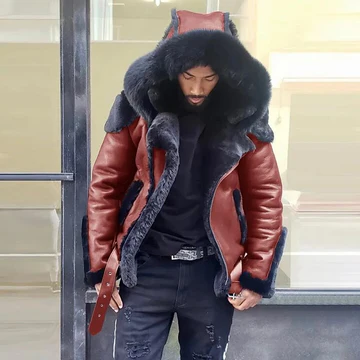 Sheepskin Leather Jacket for Men – Winter Fur Hooded Motorcycle Coat 1