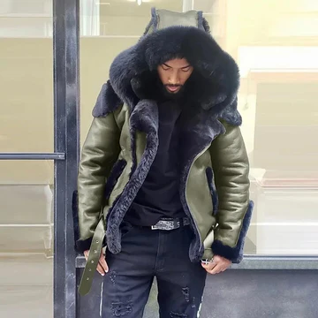 Sheepskin Leather Jacket for Men – Winter Fur Hooded Motorcycle Coat 2