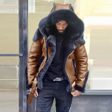 Sheepskin Leather Jacket for Men – Winter Fur Hooded Motorcycle Coat 3