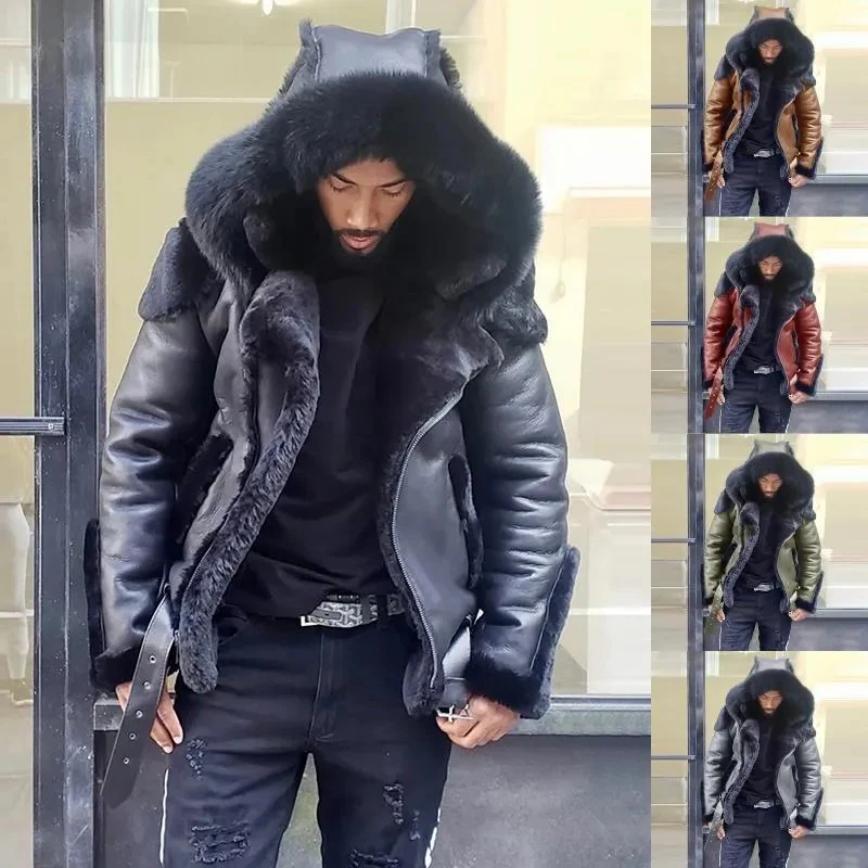 Sheepskin Leather Jacket for Men – Winter Fur Hooded Motorcycle Coat 4