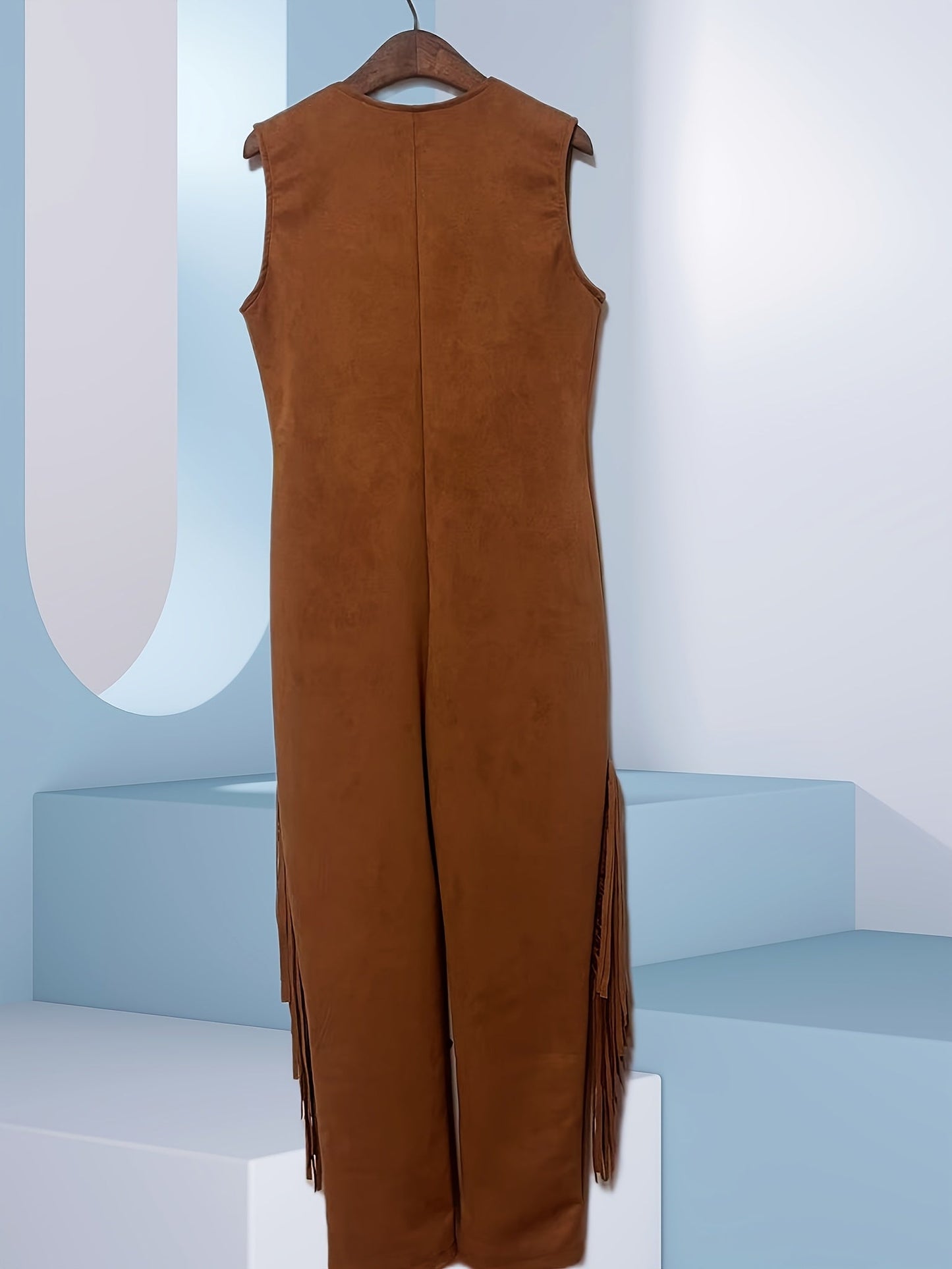 Sleeveless Suede Fringe Cowgirl Jumpsuit – Western Costume for Halloween and Festivals 2