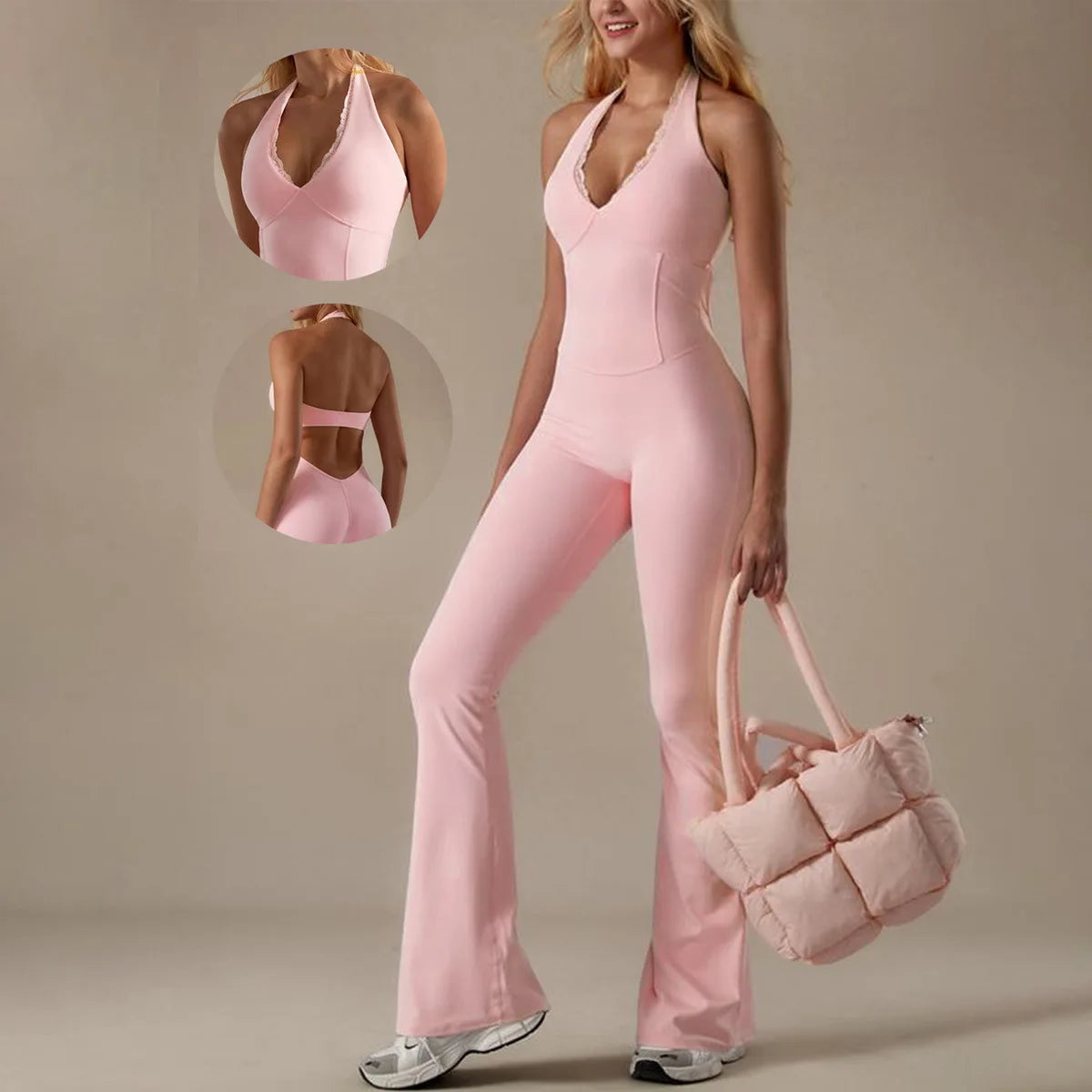 Solid Color V-Neck Lace Trim Halter Yoga Jumpsuit with Flare Legs – Tight Fit Bodysuit for Yoga and Casual Wear 0