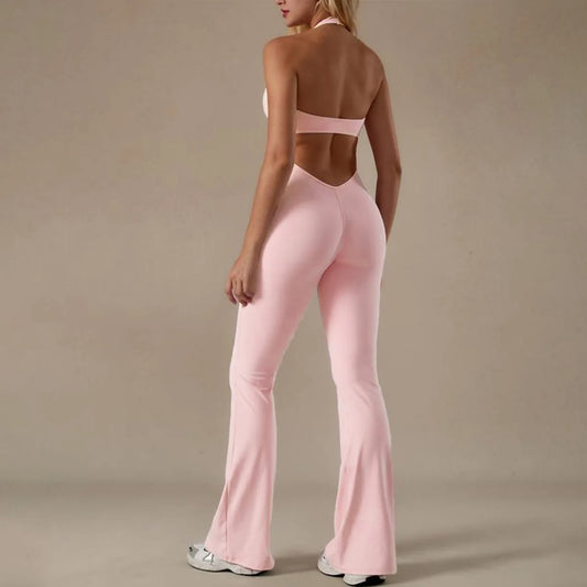 Solid Color V-Neck Lace Trim Halter Yoga Jumpsuit with Flare Legs – Tight Fit Bodysuit for Yoga and Casual Wear 1