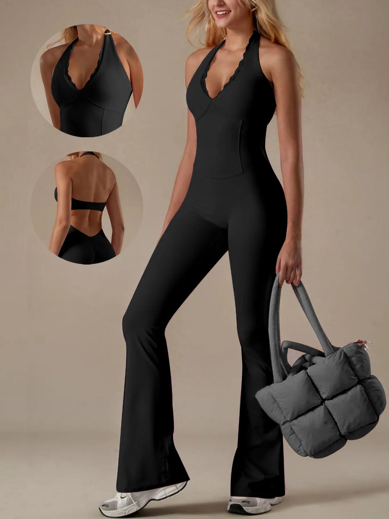 Solid Color V-Neck Lace Trim Halter Yoga Jumpsuit with Flare Legs – Tight Fit Bodysuit for Yoga and Casual Wear 4