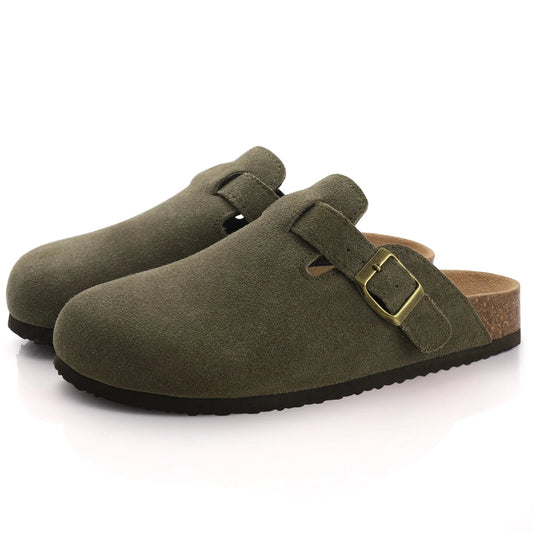 Stylish Army Green Suede Mules for Women with Cork Insole and Arch Support 0
