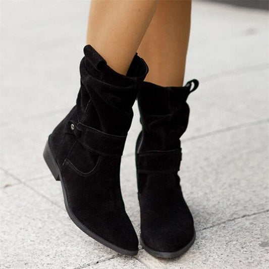 Stylish Black Ankle Boots for Women – Faux Leather Low Heel Booties with Side Tube Accents 1