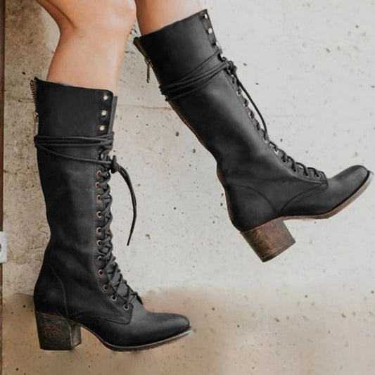 Stylish Black Knee High Boots for Women – Chunky Heel Lace-Up Long Boots in PU Leather 0