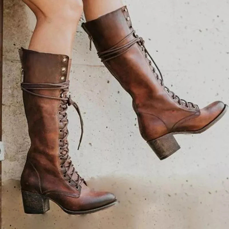 Stylish Black Knee High Boots for Women – Chunky Heel Lace-Up Long Boots in PU Leather 1
