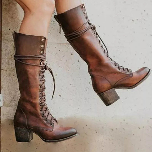 Stylish Black Knee High Boots for Women – Chunky Heel Lace-Up Long Boots in PU Leather 1
