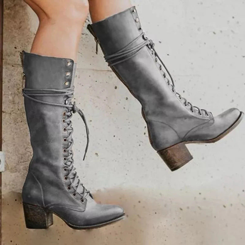 Stylish Black Knee High Boots for Women – Chunky Heel Lace-Up Long Boots in PU Leather 2