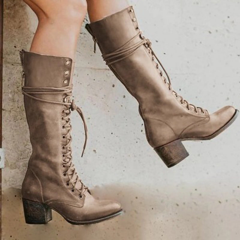 Stylish Black Knee High Boots for Women – Chunky Heel Lace-Up Long Boots in PU Leather 3