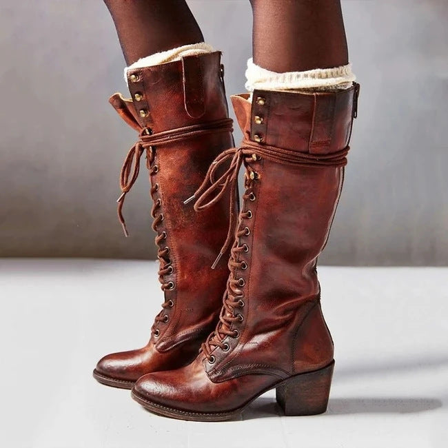Stylish Black Knee High Boots for Women – Chunky Heel Lace-Up Long Boots in PU Leather 4