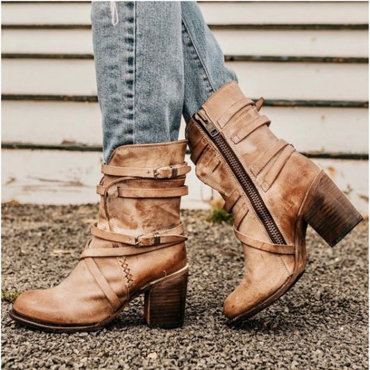 Stylish Black Leather Ankle Boots with Chunky Heel and Distressed Finish – Women's Footwear 0