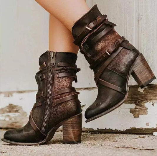 Stylish Black Leather Ankle Boots with Chunky Heel and Distressed Finish – Women's Footwear 1
