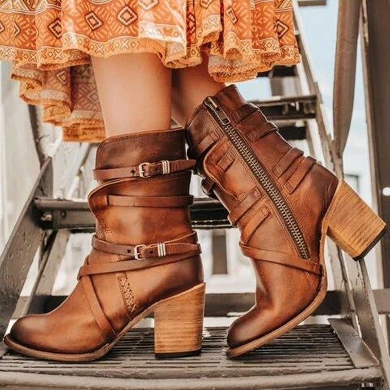Stylish Black Leather Ankle Boots with Chunky Heel and Distressed Finish – Women's Footwear 2