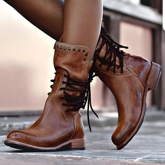 Stylish Black Mid Calf Boots for Women with Studded Collar and Low Block Heel – Lace-Up Design for Comfortable Everyday Wear 0
