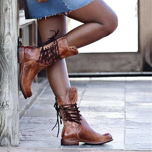 Stylish Black Mid Calf Boots for Women with Studded Collar and Low Block Heel – Lace-Up Design for Comfortable Everyday Wear 1