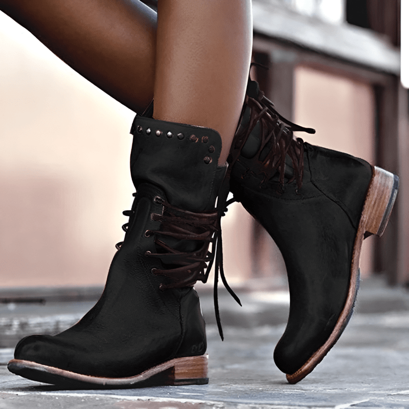 Stylish Black Mid Calf Boots for Women with Studded Collar and Low Block Heel – Lace-Up Design for Comfortable Everyday Wear 5