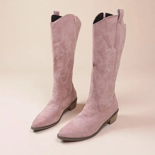 Stylish Suede Cowgirl Boots with Embroidery and Block Heel – Beige and Rose 0