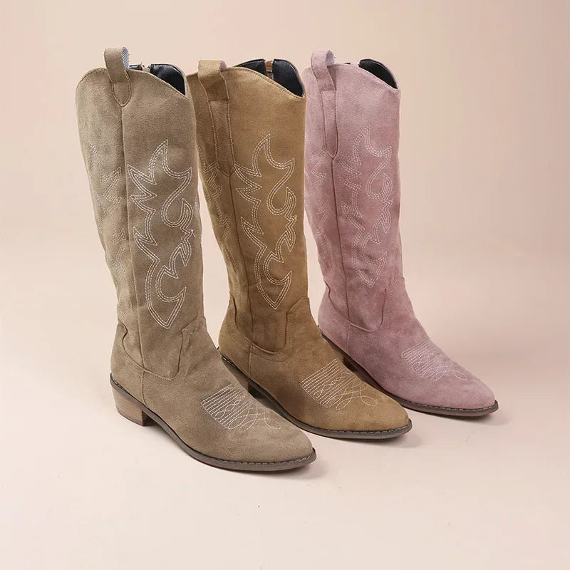 Stylish Suede Cowgirl Boots with Embroidery and Block Heel – Beige and Rose 3
