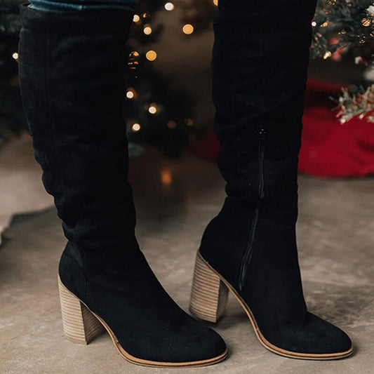 Stylish Suede Knee High Boots for Women – Elegant Black High Heel Footwear 0
