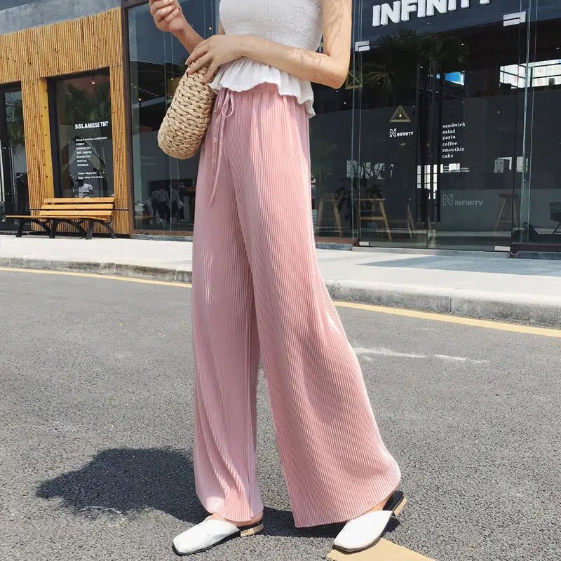 Summer Women's Wide Leg Pants – Pleated Ice Silk Trousers with Elastic Waist for Comfortable Casual Wear 2