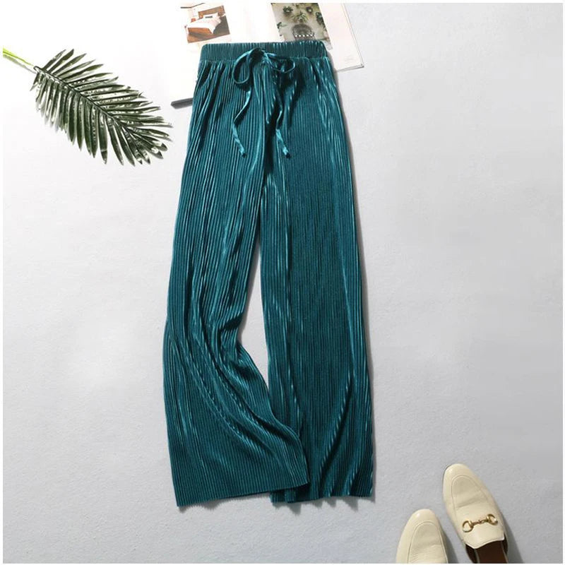 Summer Women's Wide Leg Pants – Pleated Ice Silk Trousers with Elastic Waist for Comfortable Casual Wear 8