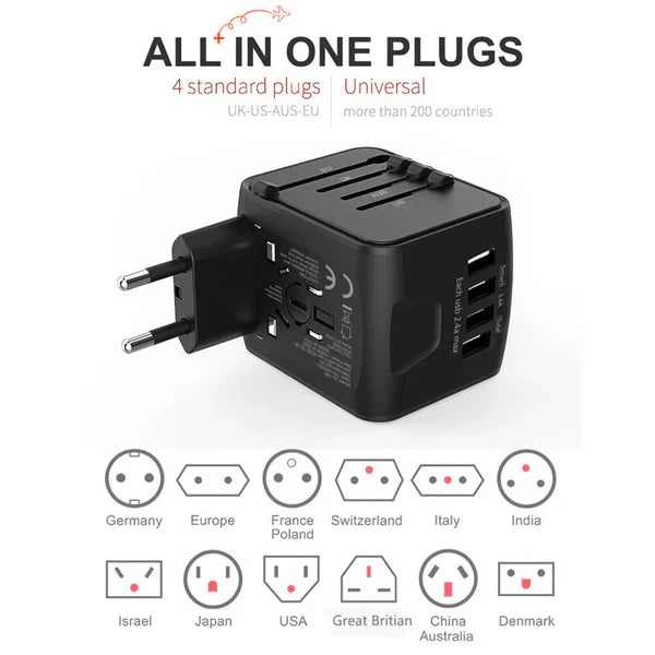 Universal Travel Power Adapter with 4 USB Ports – Compact and Safe Charging Solution for Global Use 5