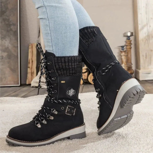 Women's Black Lace-Up Winter Boots with Knitted Cuff and Non-Slip Sole – Stylish and Comfortable Footwear 0