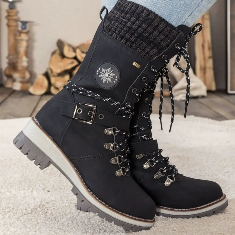 Women's Black Lace-Up Winter Boots with Knitted Cuff and Non-Slip Sole – Stylish and Comfortable Footwear 1