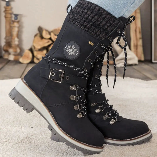 Women's Black Lace-Up Winter Boots with Knitted Cuff and Non-Slip Sole – Stylish and Comfortable Footwear 1