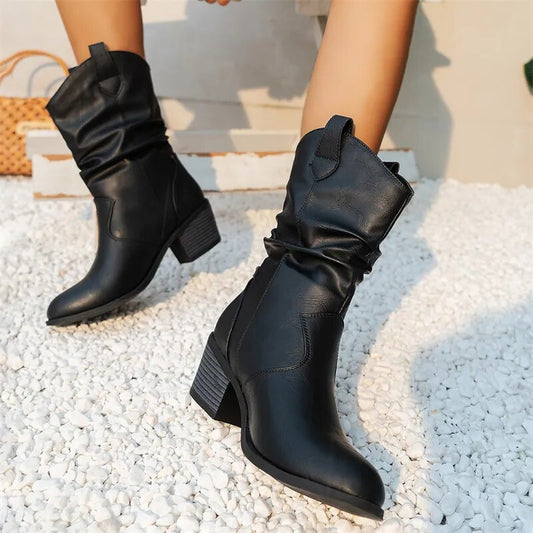 Women’s Black Leather Ankle Boots – Stylish Western Design in Sizes 36–42 1