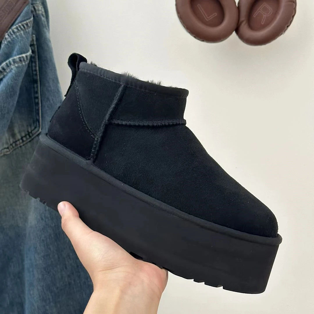 Women's Black Ultra Mini Platform Boots with Fur Lining – Cozy Ankle Booties for Winter 3
