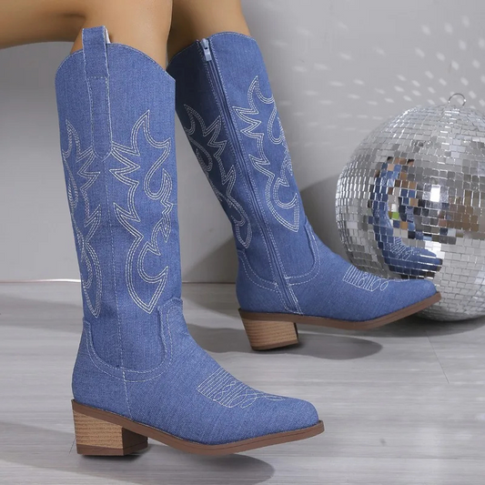 Women's Blue Denim Cowboy Boots with Western Embroidery and Comfortable Block Heel 0