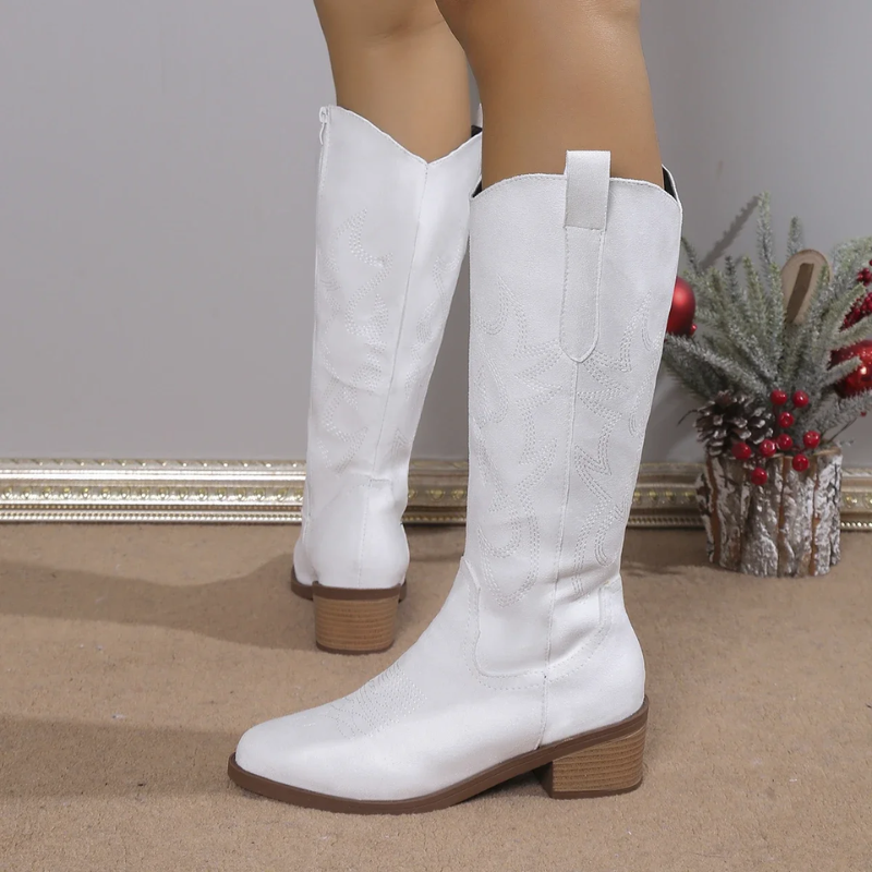 Women's Blue Denim Cowboy Boots with Western Embroidery and Comfortable Block Heel 4