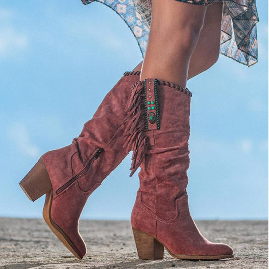 Women’s Knee High Faux Suede Boots with Fringe Detail – Stylish Black Long Boots 0