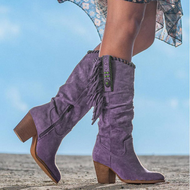 Women’s Knee High Faux Suede Boots with Fringe Detail – Stylish Black Long Boots 2