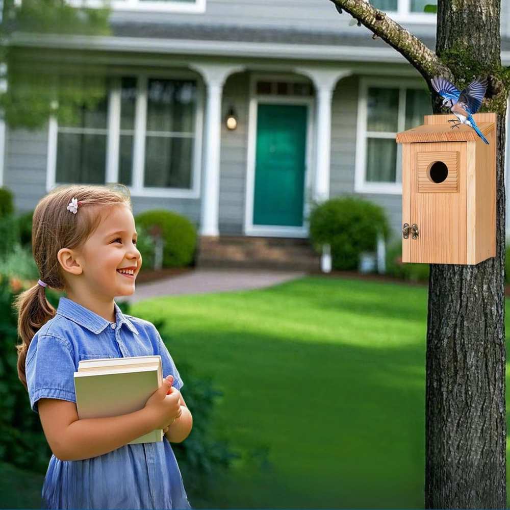 Wooden Cedar Bird House with Copper Predator Guard – Durable Outdoor Nesting Box for Bluebirds and Wrens 7