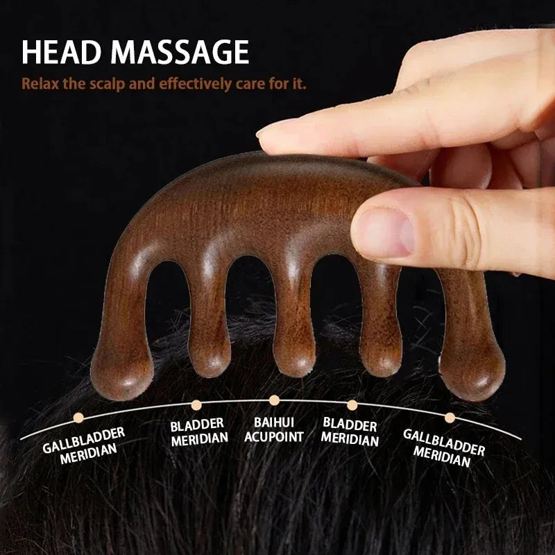 Sandalwood Scalp Massage Comb – 5-Tooth Head Massager and Whale Comb for Relaxation and Grooming-TRUZENIC