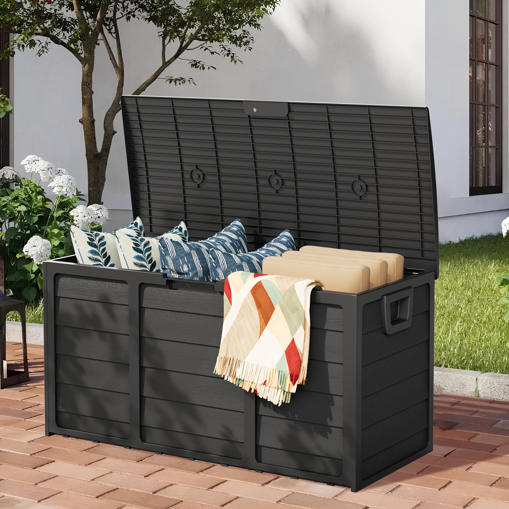 75 Gallon Resin Outdoor Storage Box with Handles Deck Box with Handles for Pool Accessories Garden Tools Camping Gear Holiday Gift Easy to Assemble BoxCabinetRack for Outdoor Storage