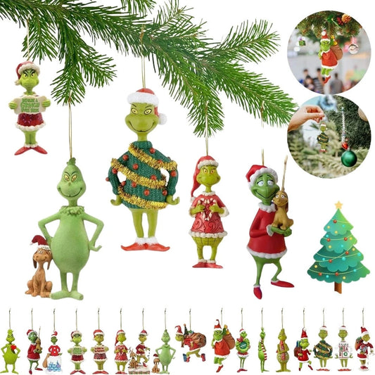 18Pcs 2D Acrylic Green Monsters Christmas Ornaments – Whimsical Christmas Tree Decorations
