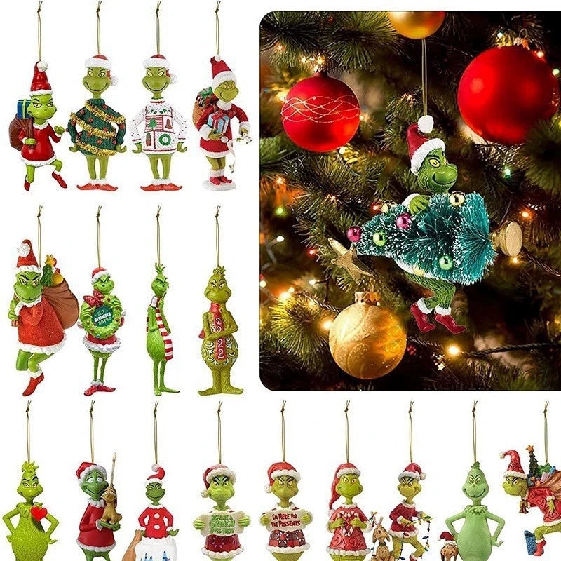 18Pcs 2D Acrylic Green Monsters Christmas Ornaments – Whimsical Christmas Tree Decorations