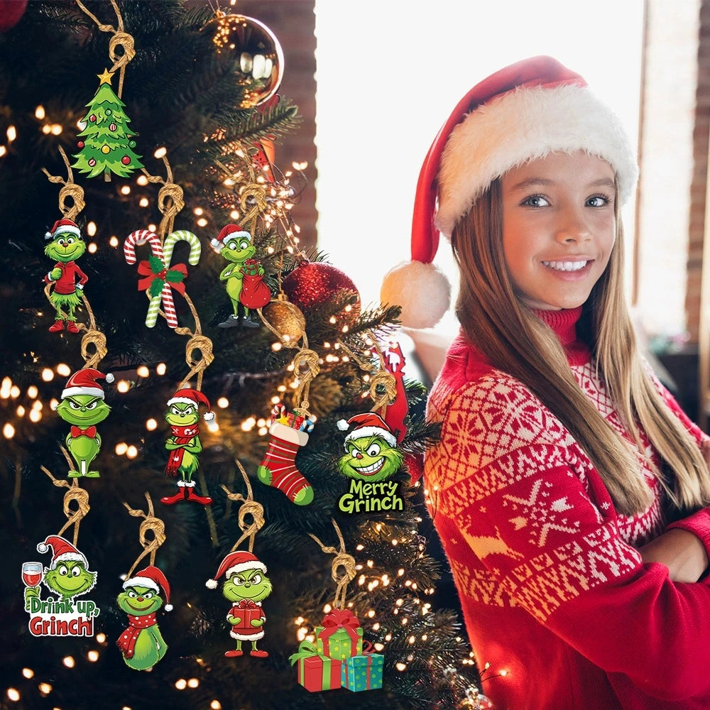 18Pcs 2D Acrylic Green Monsters Christmas Ornaments – Whimsical Christmas Tree Decorations
