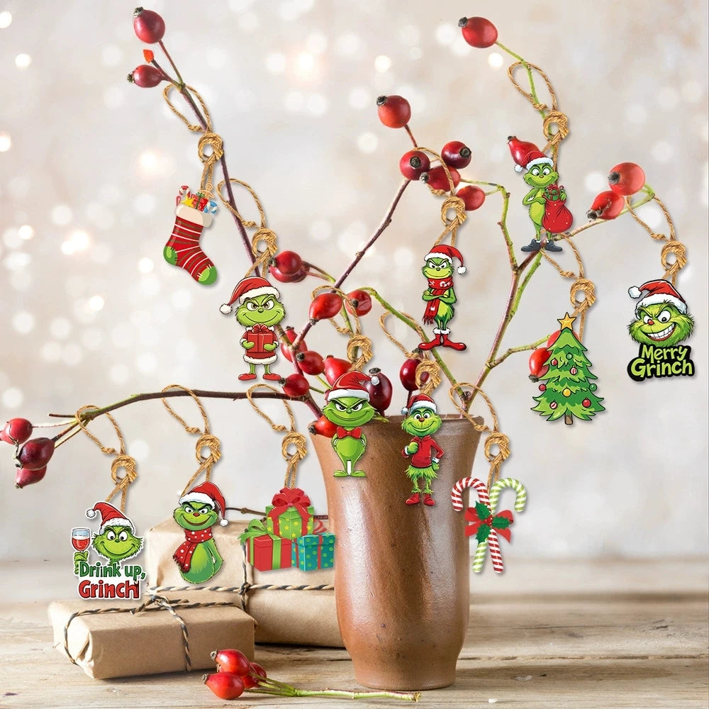 18Pcs 2D Acrylic Green Monsters Christmas Ornaments – Whimsical Christmas Tree Decorations