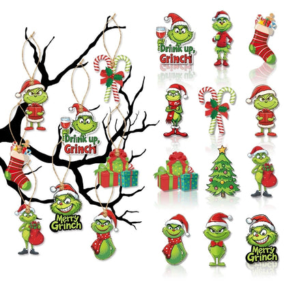18Pcs 2D Acrylic Green Monsters Christmas Ornaments – Whimsical Christmas Tree Decorations