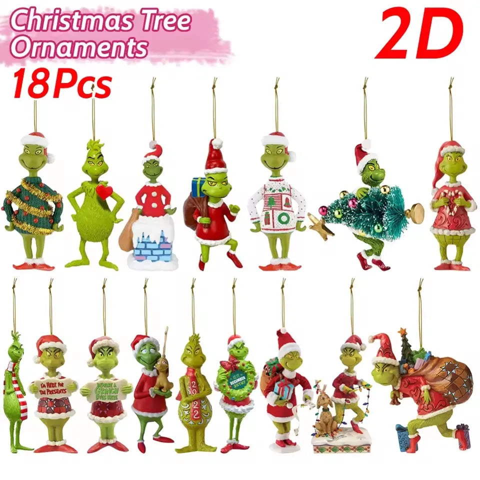 18Pcs 2D Acrylic Green Monsters Christmas Ornaments – Whimsical Christmas Tree Decorations