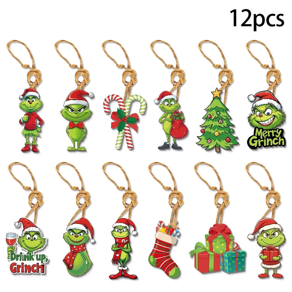 18Pcs 2D Acrylic Green Monsters Christmas Ornaments – Whimsical Christmas Tree Decorations