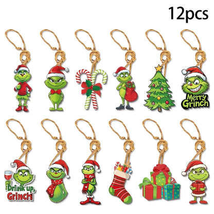18Pcs 2D Acrylic Green Monsters Christmas Ornaments – Whimsical Christmas Tree Decorations