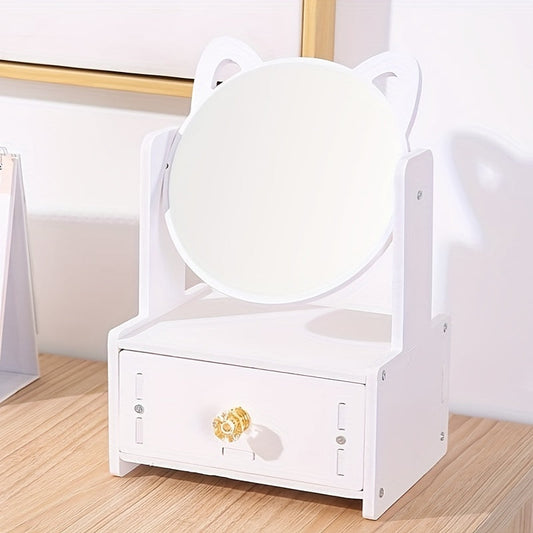 360° Rotating Makeup Mirror with Storage – Cute Cat Ears Design for Vanity Tabletop Use 0